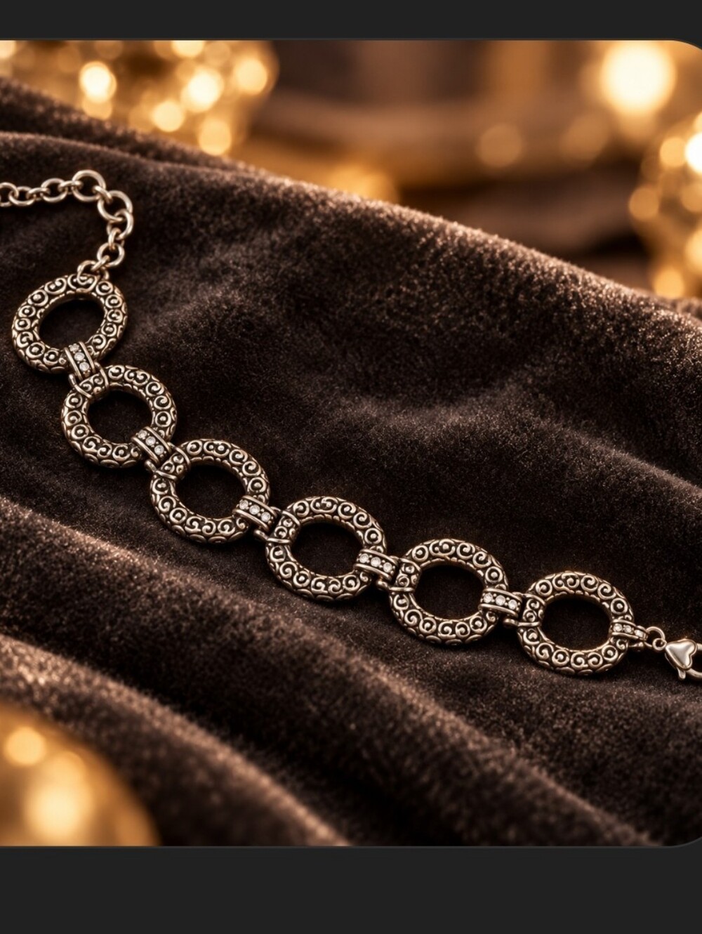 Brighton Silver Tone Oval Scroll Link Bracelet Clear Stone Accents Adjustable